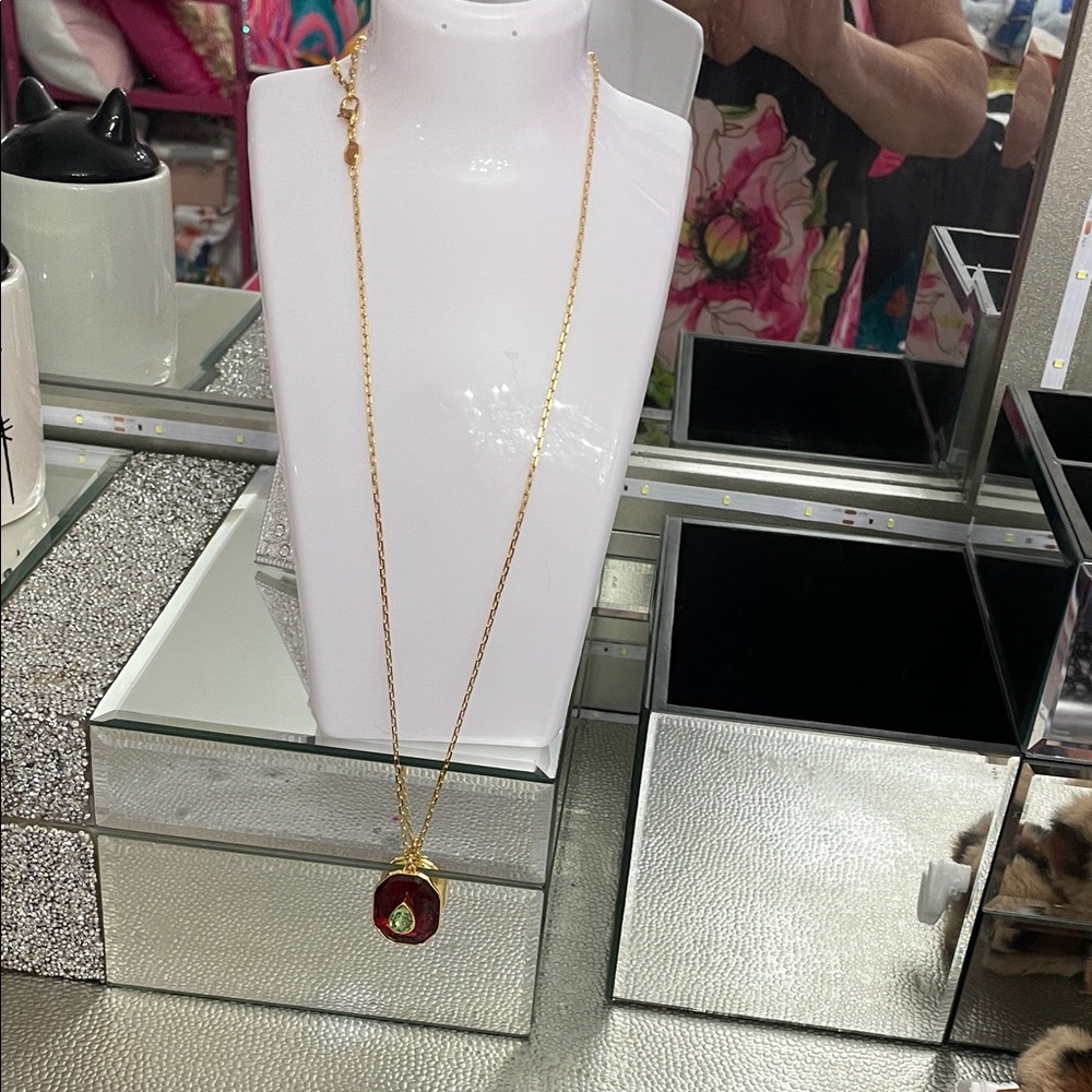 Swarovski Gold-Tone Chain Necklace with Red Pendant and Green Crystal Accent